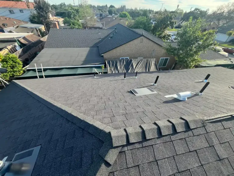 New gray shingle roof with a capped ridge, roof vents and pipe vents, neighboring houses behind
