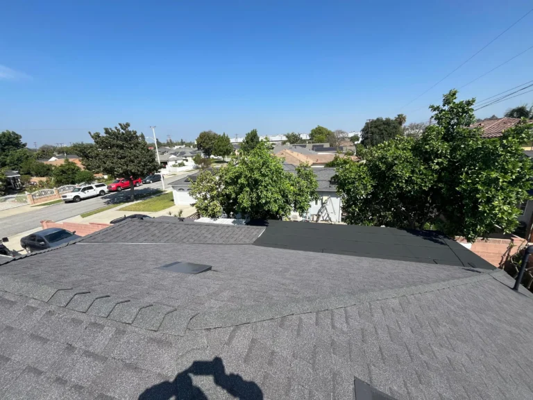 Wide view of a new dark gray shingle roof on a street-side home with a skylight and vents